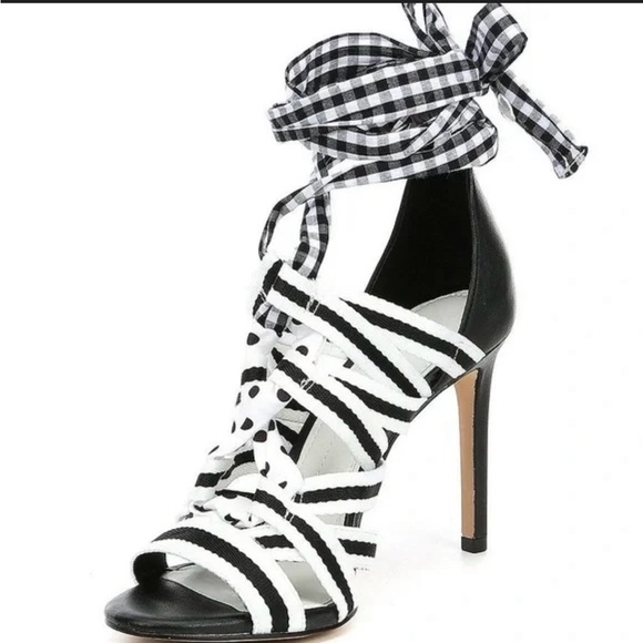 Gianni Bini Shoes - Gianni Bini Black and White Abrianna Gingham Lace-up Stiletto Sandals